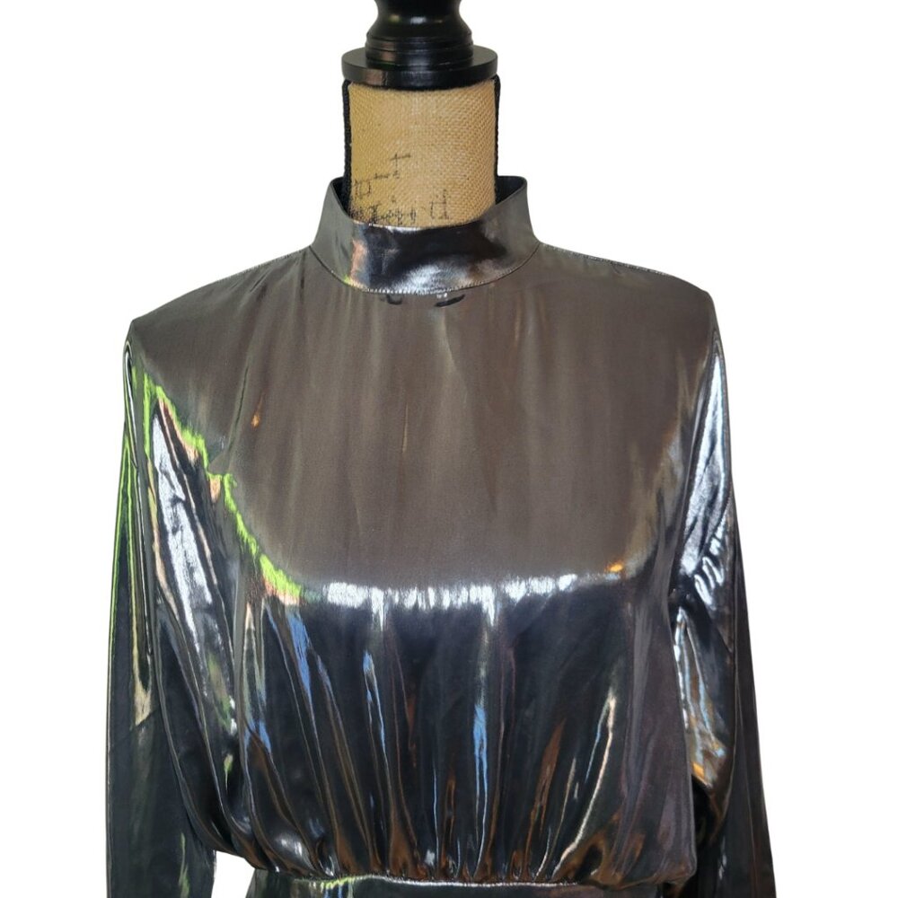 Zara Metallic Silver Long Sleeve Mock Neck Open Back Mini Dress Medium - Picture 8 of 9